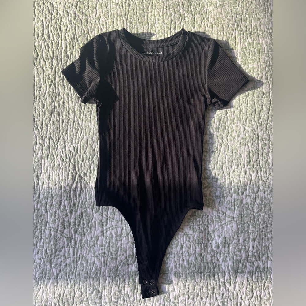 American Eagle Outfitters Black Ribbed Short-Sleeve Bodysuit